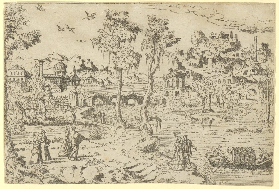 Landscape with ruins, courtiers, and a gondola MET DP855042