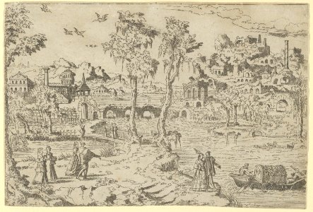 Landscape with ruins, courtiers, and a gondola MET DP855042