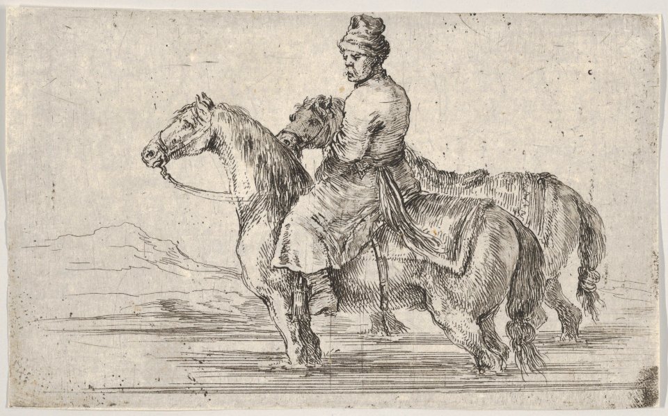 A valet taking two horses to bathe, sitting atop one horse in a river, the other beside him to right MET DP831101