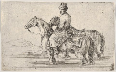 A valet taking two horses to bathe, sitting atop one horse in a river, the other beside him to right MET DP831101