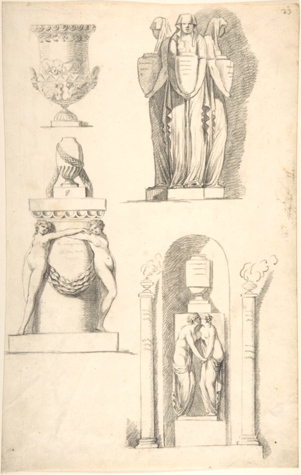 A Vase and Classical Monuments Carved with Hooded Women Carrying Urns, Two Females Embracing Beneath a Vase and Two Nude Female Figures Supporting a Vase MET DP804430