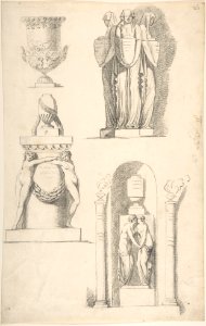A Vase and Classical Monuments Carved with Hooded Women Carrying Urns, Two Females Embracing Beneath a Vase and Two Nude Female Figures Supporting a Vase MET DP804430