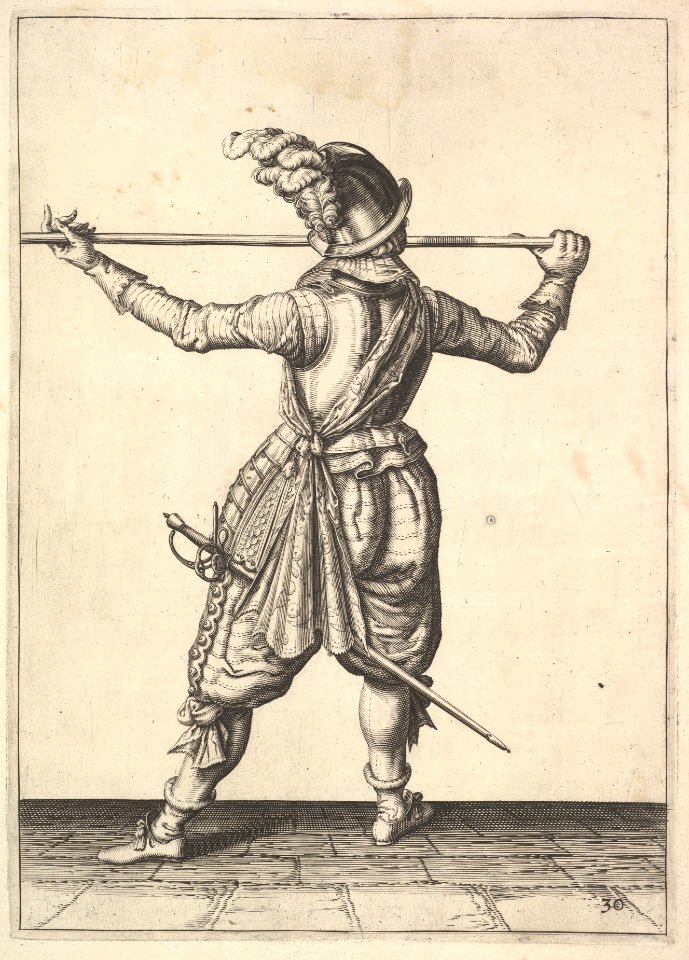 A soldier, seen from the rear, while turning to the right and holding his pike horizontally, from the Lansquenets series, plate 30, in Wapenhandelinghe van Roers Musquetten Ende Spiessen (The Exercise of Arms) MET DP828799