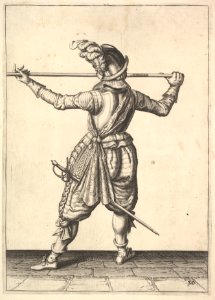A soldier, seen from the rear, while turning to the right and holding his pike horizontally, from the Lansquenets series, plate 30, in Wapenhandelinghe van Roers Musquetten Ende Spiessen (The Exercise of Arms) MET DP828799