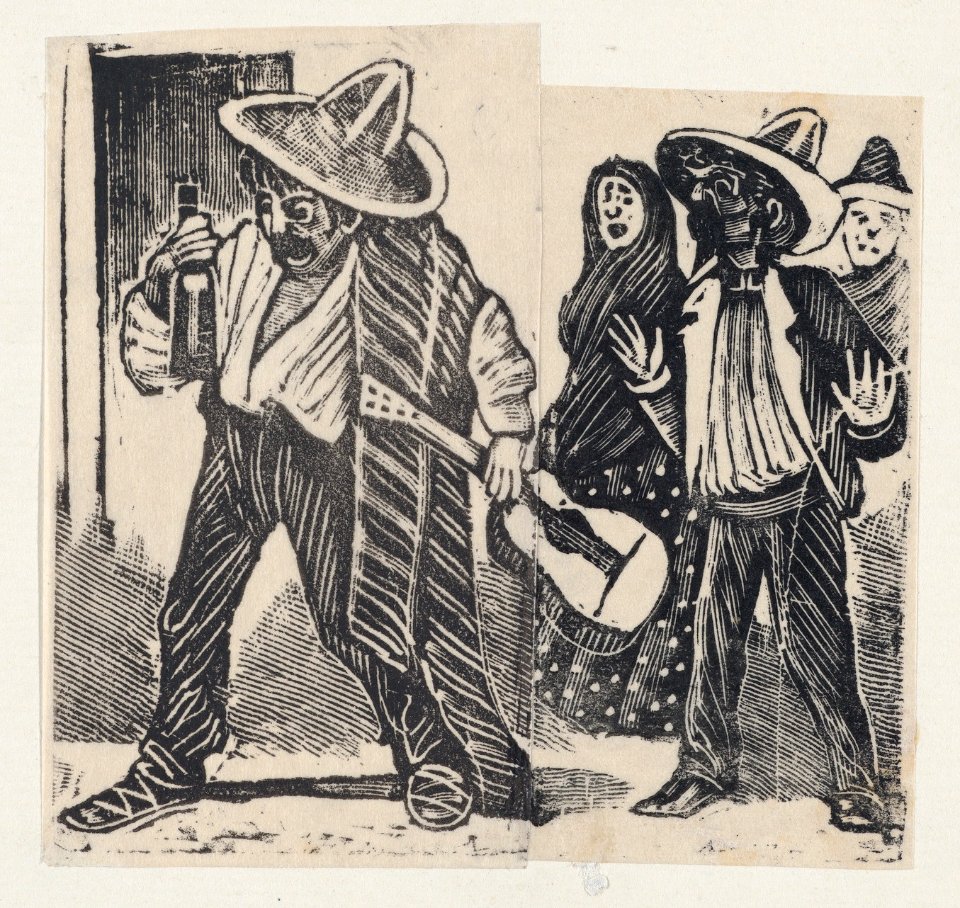 A man holding a bottle and guitar and another man with both hands raised, from a broadside entitled 'Versos de lino matadas', published by Antonio Vanegas Arroyo MET DP869362