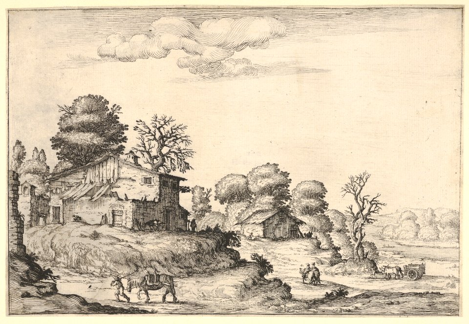 Landscape with peasant dwellings and a man leading a horse in the left foreground, from a series of landscapes dedicated to the Grand Duke of Tuscany MET DP832096