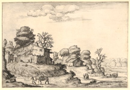 Landscape with peasant dwellings and a man leading a horse in the left foreground, from a series of landscapes dedicated to the Grand Duke of Tuscany MET DP832096