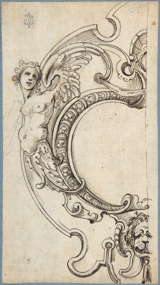 Half of a Cartouche with a Female Figure on the Left and a Lion's Head on the Bottom MET DP807993