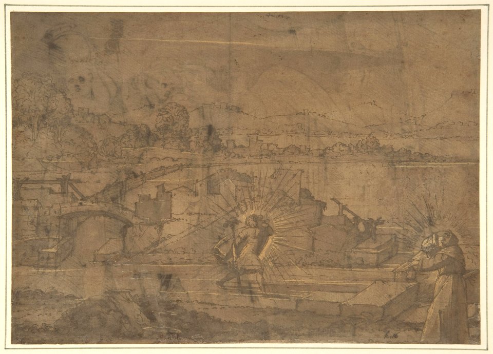 Landscape with Saint Christopher and Male Monastic Saint (recto); Victory Crowning a Warrior, and Two Other Figures (verso). MET DP802122