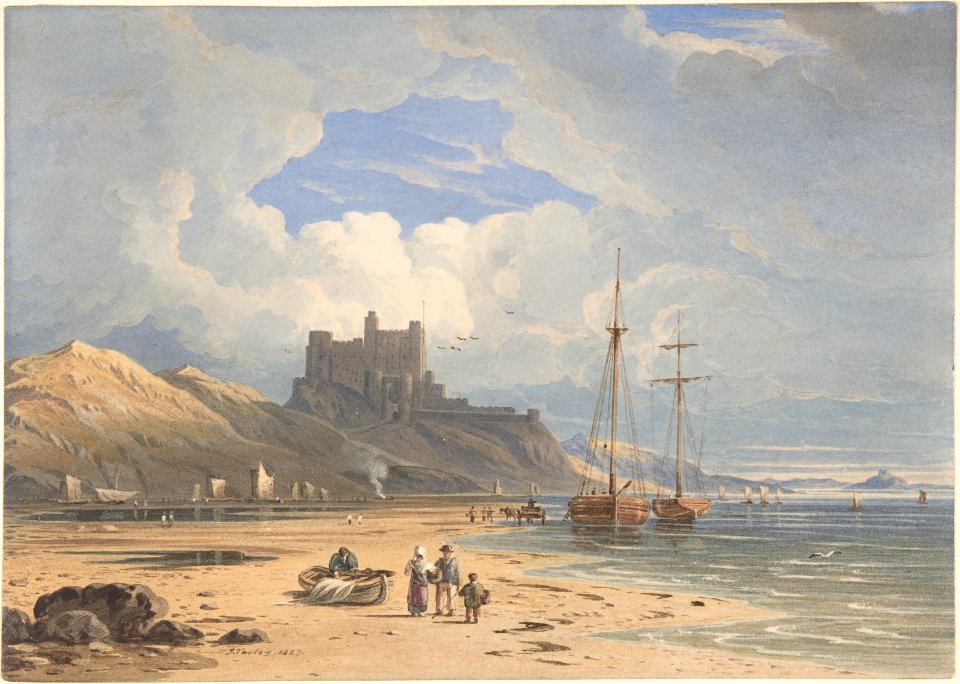 Bamborough Castle from the Northeast, with Holy Island in the Distance, Northumberland MET DP805117