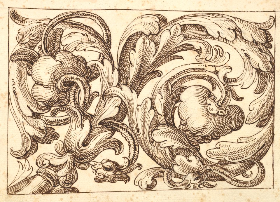 Horizontal Panel Design Filled with a Meandering Acanthus Rinceau and Two Fantastical Creatures. MET DP824432
