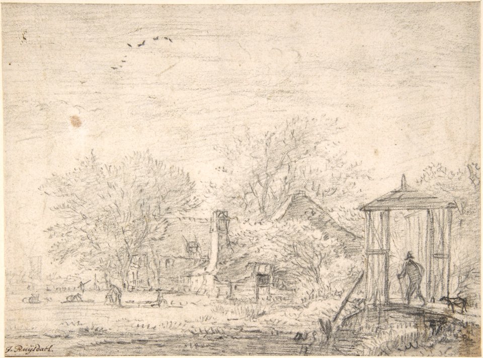 House among Trees, at Right Man and Dog on a Footbridge MET DP800668