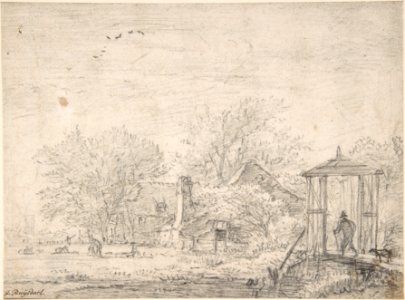 House among Trees, at Right Man and Dog on a Footbridge MET DP800668