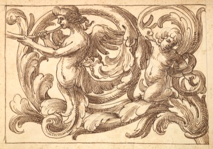 Horizontal Panel Design with a Male Figure, a Putto and a Snake Interspersed between Acanthus Rinceaux MET DP824438