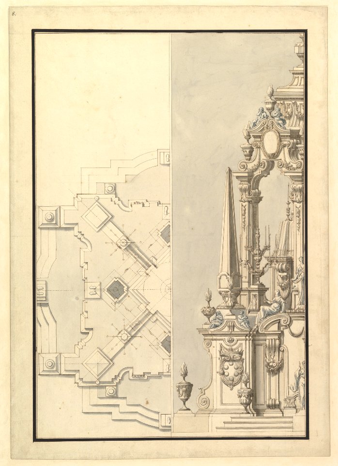 Half Ground Plan and Half Elevation of a Catafalque for Cosimo III dei Medici, Grand Duke of Tuscany (1642-1723) MET DP820088