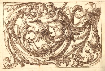 Horizontal Panel Design with Two Male Figures Playing Horns Interspersed between Acanthus Rinceaux MET DP824426