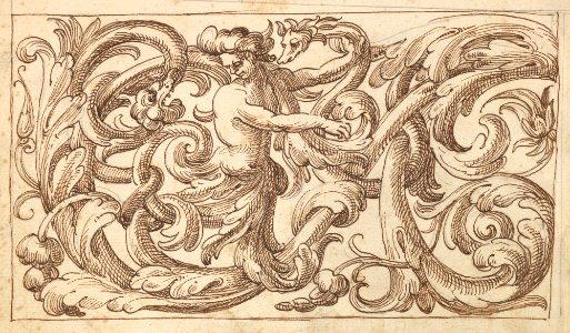 Horizontal Panel Design with a Man and Two Fantastical Creatures Interspersed between an Acanthus Rinceau MET DP824422