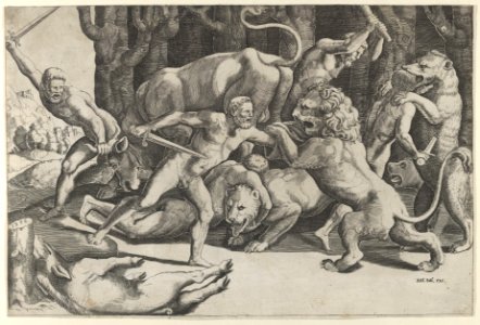Five men fighting beasts, at lower left is a fallen boar MET DP847769