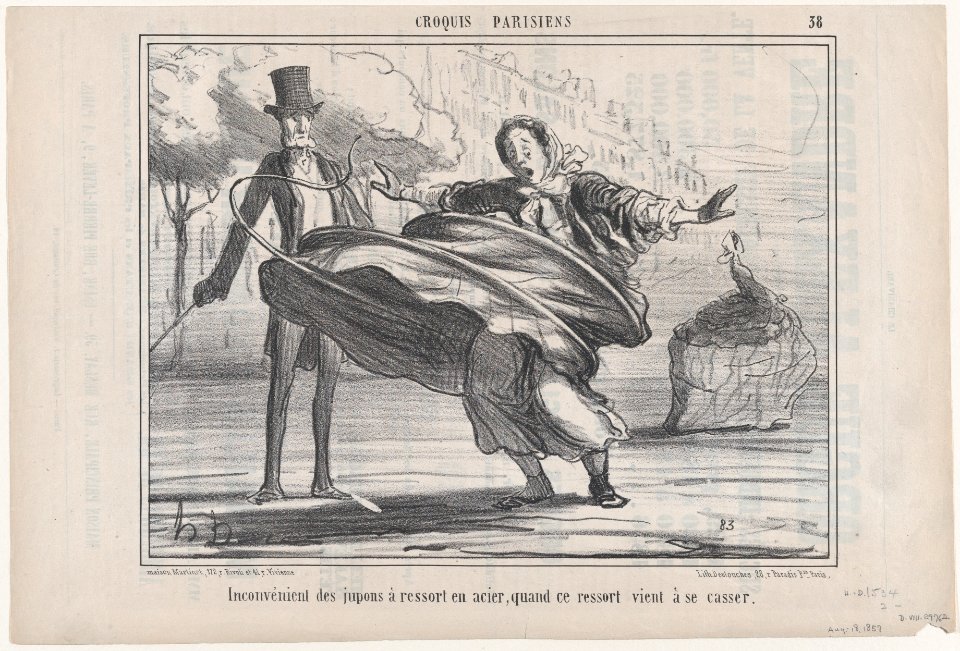 Inconvénient des jupons à ressort en acier, quand ce ressort vient à se casser, from Croquis Parisiens, published in Le Charivari, August 18, 1857 MET DP876658