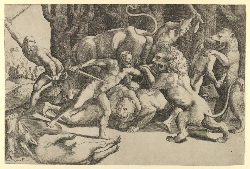 Five men fighting beasts, at lower left is a fallen boar MET DP847771