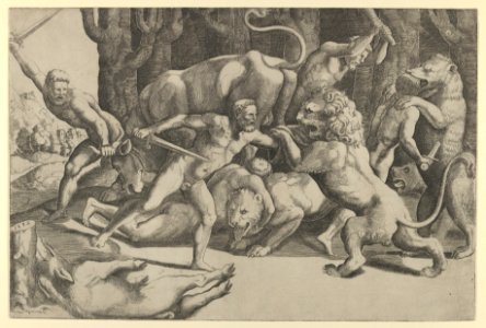 Five men fighting beasts, at lower left is a fallen boar MET DP847771