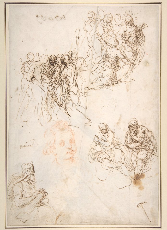 Figure Studies- The Arrest of Christ?, Christ and the Canaanite Woman, Seated Male Figures, and Head of a Child (recto); Studies of an Arm, and of the Heads of an Old Man and Young Woman (verso) MET DP810951