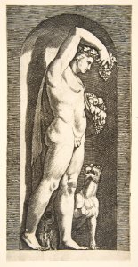 Bacchus standing in a niche holding grapes in his raised right hand, fruit in his left hand, a dog lower right MET DP818714