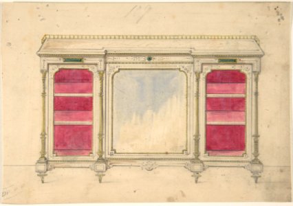 Cabinet Design with a Mirrored Front and Red Shelves MET DP806544