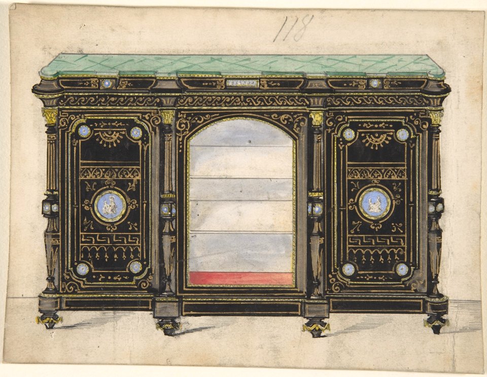 Cabinet Design with Glass Front, its Doors Adorned with Porcelain Plaques, with a Green Top MET DP806541