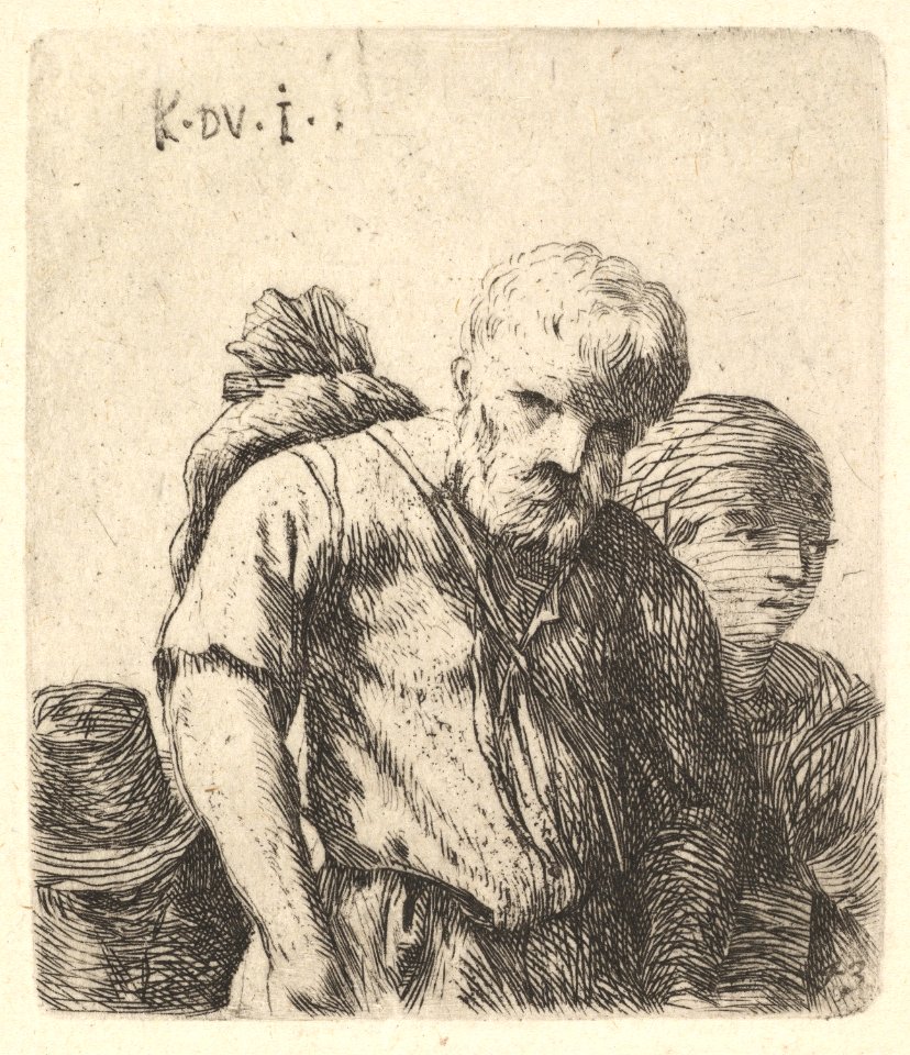 Bearded man shown in half-length with bundle slung over right shoulderblade, flanked by a woman shown in half-length and a man wearing a tall hat in lower left corner MET DP828339