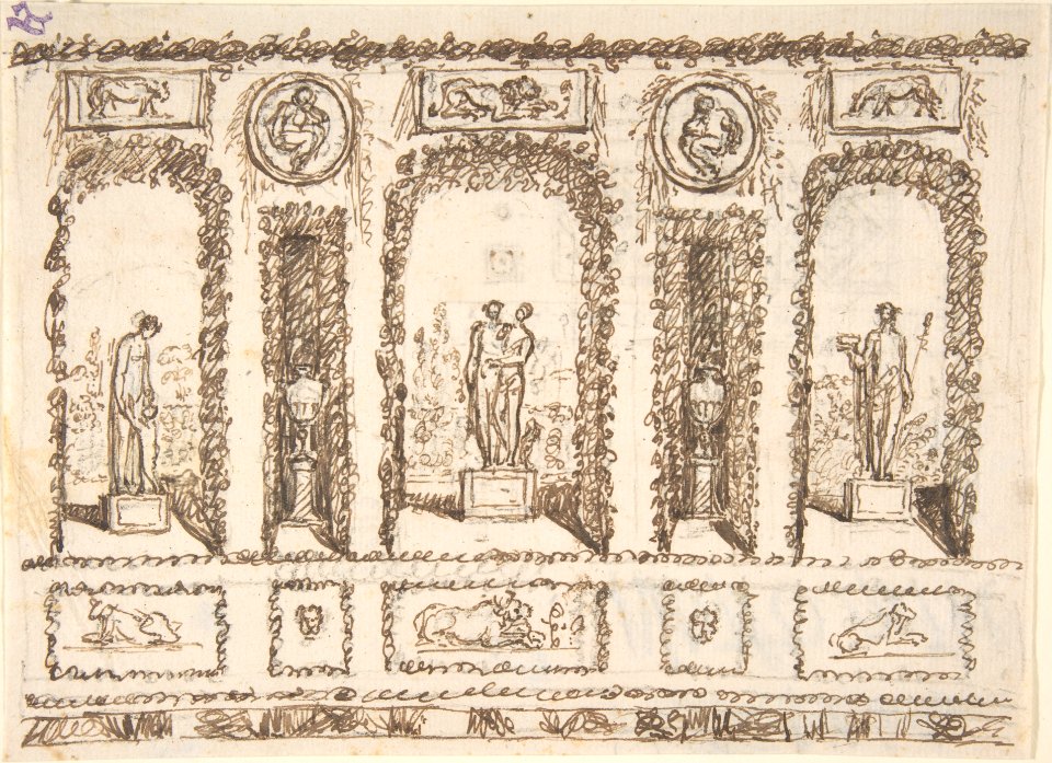 Design for a Wall Decoration of a Conservatory or Grotto with Statues and Vases in Niches MET DP803875