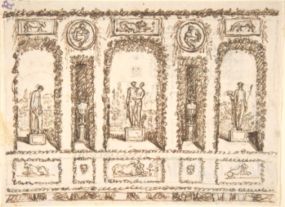 Design for a Wall Decoration of a Conservatory or Grotto with Statues and Vases in Niches MET DP803875
