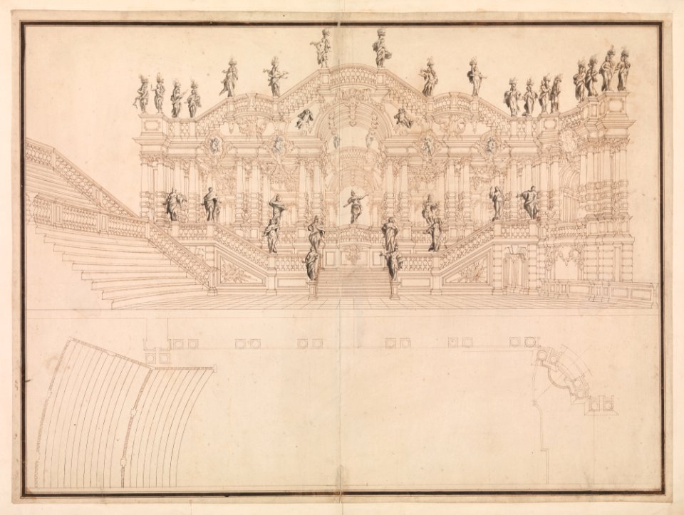 Design for a Stage Set- Longitudinal Section and Plan of amphitheater and Stage MET DP-13488-001