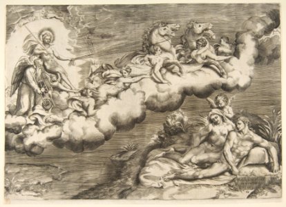 An allegory of the rising sun, a naked man wearing a shroud and accompanied Father Time is being drawn by horses MET DP812453