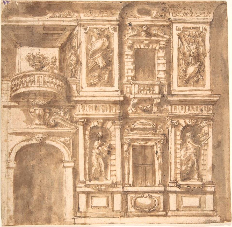 Design for a Facade with Statues in Niches and Armorial Trophies MET DP802617