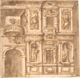 Design for a Facade with Statues in Niches and Armorial Trophies MET DP802617