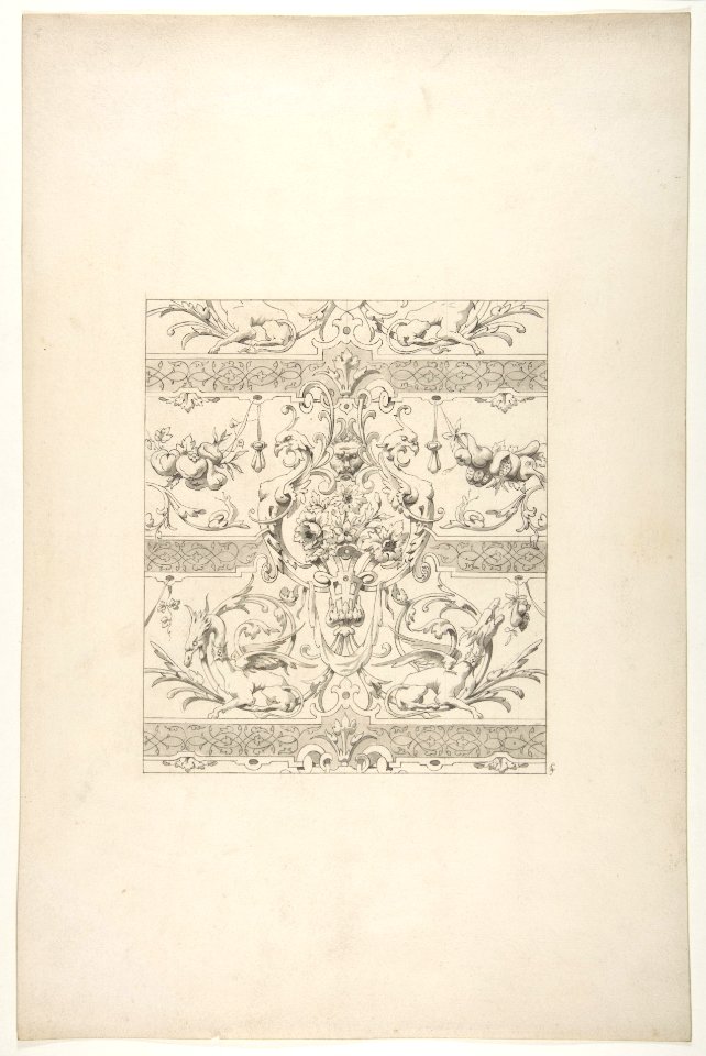 Design for a decorative motif featuring griffins and swags of fruit MET DP811451