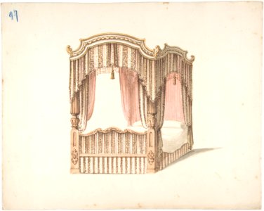 Design for a Curtained Four Poster Bed with Brown, Pink and White Striped Curtains MET DP807425