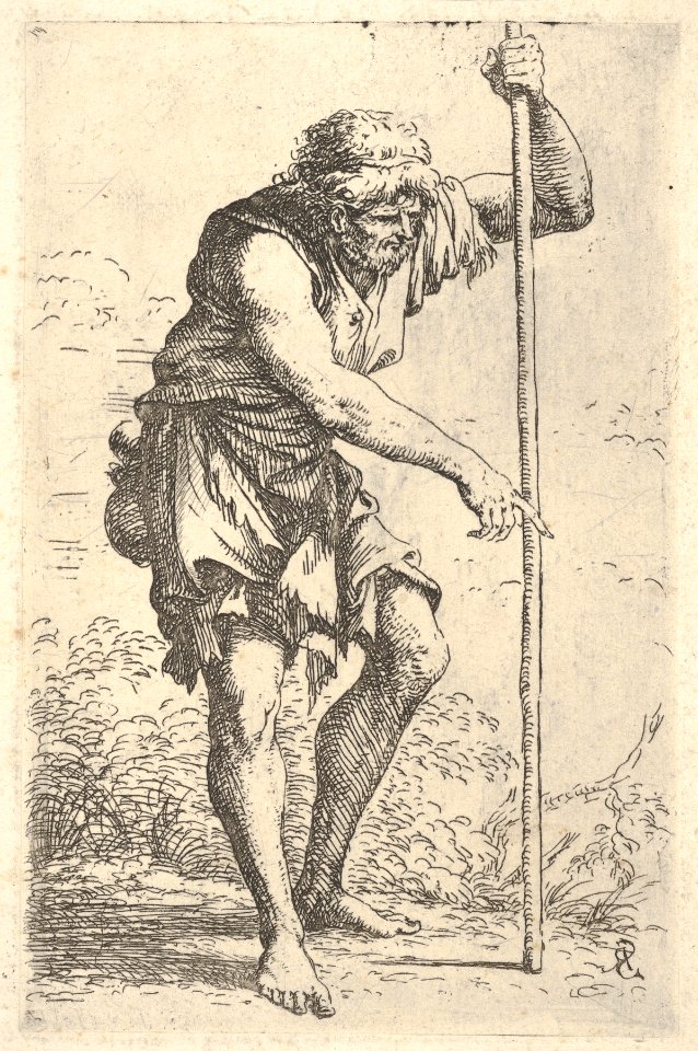 An old, ragged man with a gourd on his hip walking with a staff, from the series 'Figurine' MET DP832602