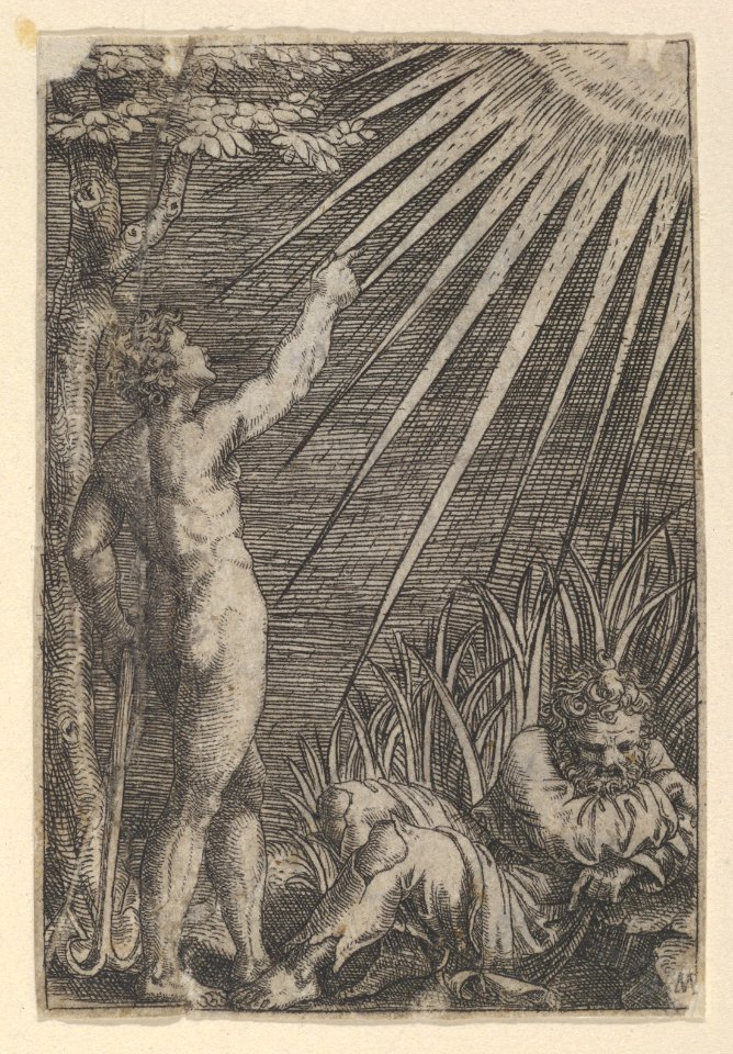 An old man reclining on the ground at right; at left a naked younger man standing pointing toward the sun with and leaning on an anchor MET DP854365