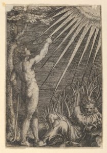 An old man reclining on the ground at right; at left a naked younger man standing pointing toward the sun with and leaning on an anchor MET DP854365