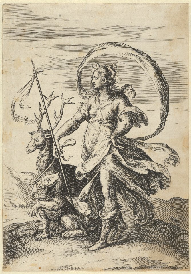 Diana holding a spear with a stag at right and holding a bear on a leash MET DP836884