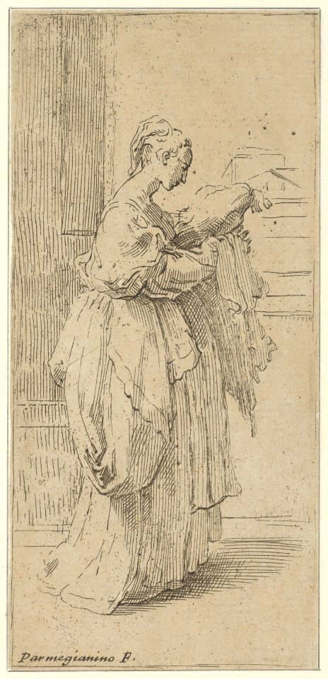 Girl carrying a cushion, seen in profile facing right MET DP837819