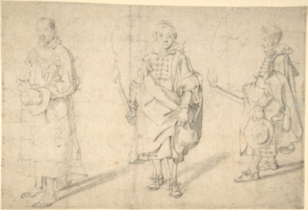 Study of Figures- an Old Man Holding a Hat and Facing Forwards, and a Young Man Holding a Torch and a Hat, seen from both the Front and Left Sides; Verso- Study of a Head MET DP802381