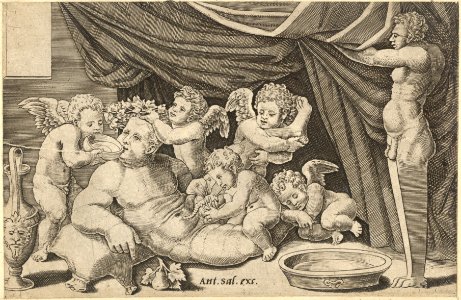 Speculum Romanae Magnificentiae- Bacchus Surrounded by Putti with Priapus holding back the curtain MET DP837629