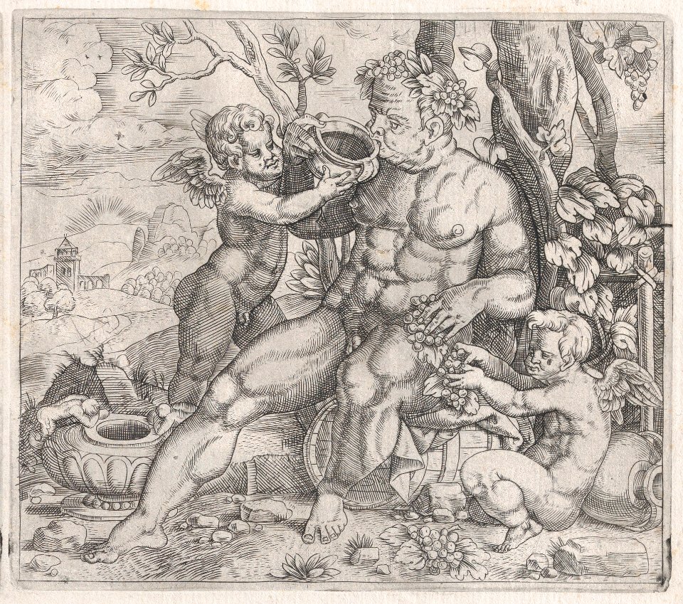 Speculum Romanae Magnificentiae- Bacchus, Seated, Drinking from a Vase Presented by a Putto MET DP870237
