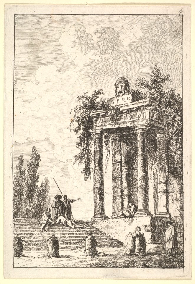 Plate 4- remains of a classical monument to right surmounted by a mask and tablet, a figure sitting on the porch, four figures on a staircase to left, four milestones below, from 'Les soirées de Rome' MET DP829179