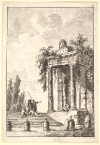 Plate 4- remains of a classical monument to right surmounted by a mask and tablet, a figure sitting on the porch, four figures on a staircase to left, four milestones below, from 'Les soirées de Rome' MET DP829179