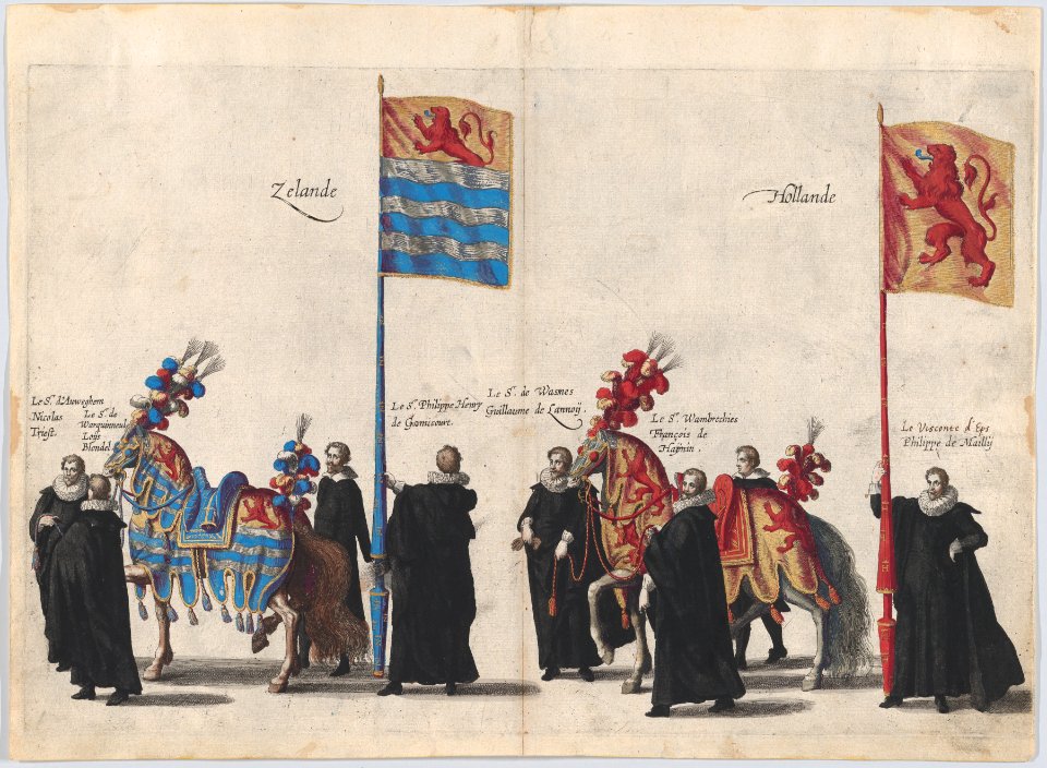 Plate 37- Men with heraldic flags and horses from Zeeland and Holland marching in the funeral procession of Archduke Albert of Austria; from 'Pompa Funebris ... Alberti Pii' MET DP874757