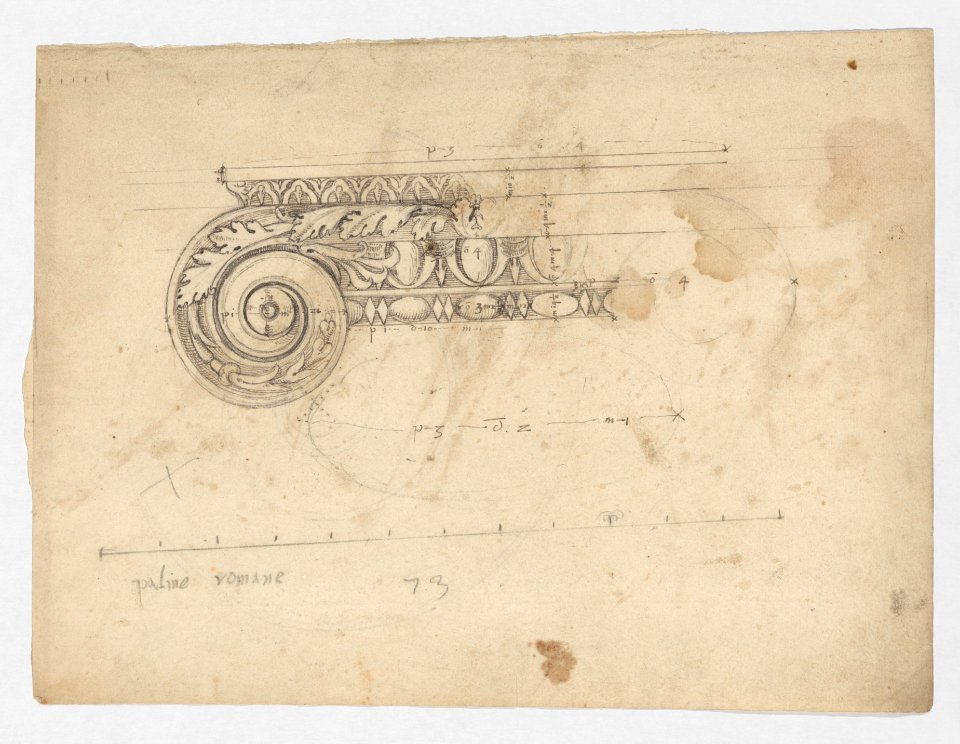 S. Maria in Trastevere, Ionic capital, volute, side elevation (recto) Unidentified, Ionic capital volute, construction diagram (verso) MET DP247681